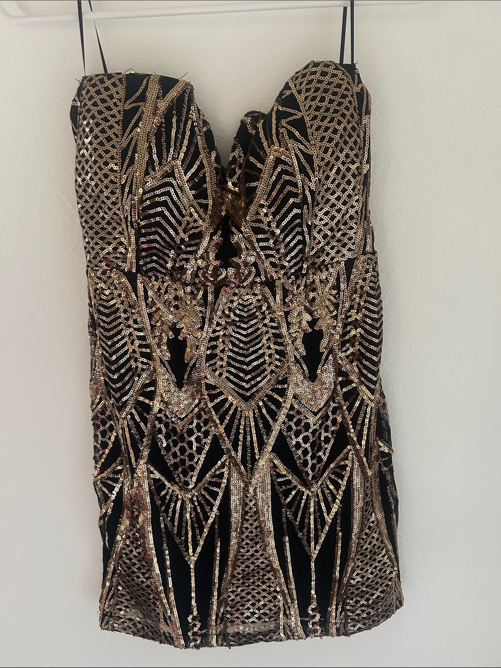 Fashion Nova Black and Gold Strapless Sequin Mini Dress